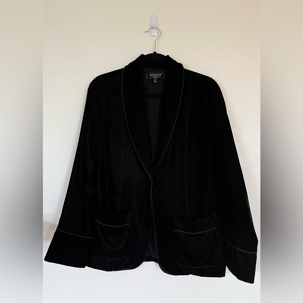 MAX STUDIO Black Velvet Single Button blazer front pocket twisted cord trim S